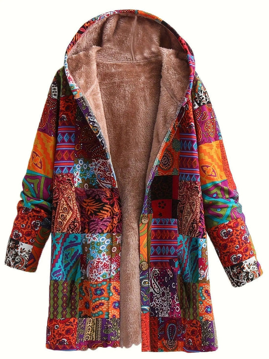 Plus Size Boho Coat, Women's Plus Patchwork Print Liner Fleece Long Sleeve Button Up Hooded Tunic Coat With Pockets SS69