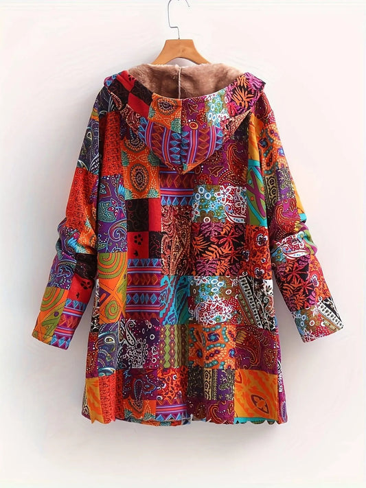 Plus Size Boho Coat, Women's Plus Patchwork Print Liner Fleece Long Sleeve Button Up Hooded Tunic Coat With Pockets SS69