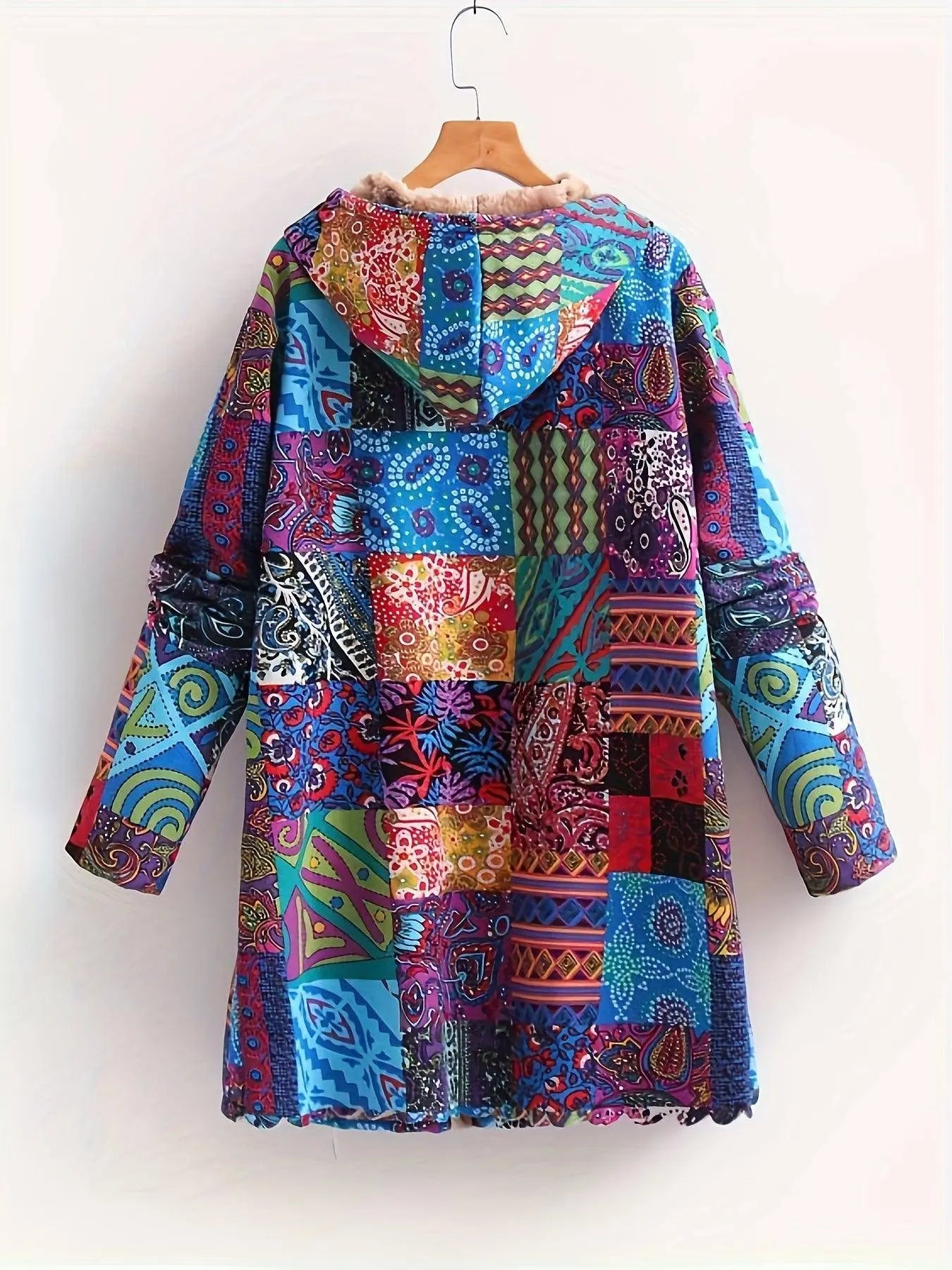 Plus Size Boho Coat, Women's Plus Patchwork Print Liner Fleece Long Sleeve Button Up Hooded Tunic Coat With Pockets SS69