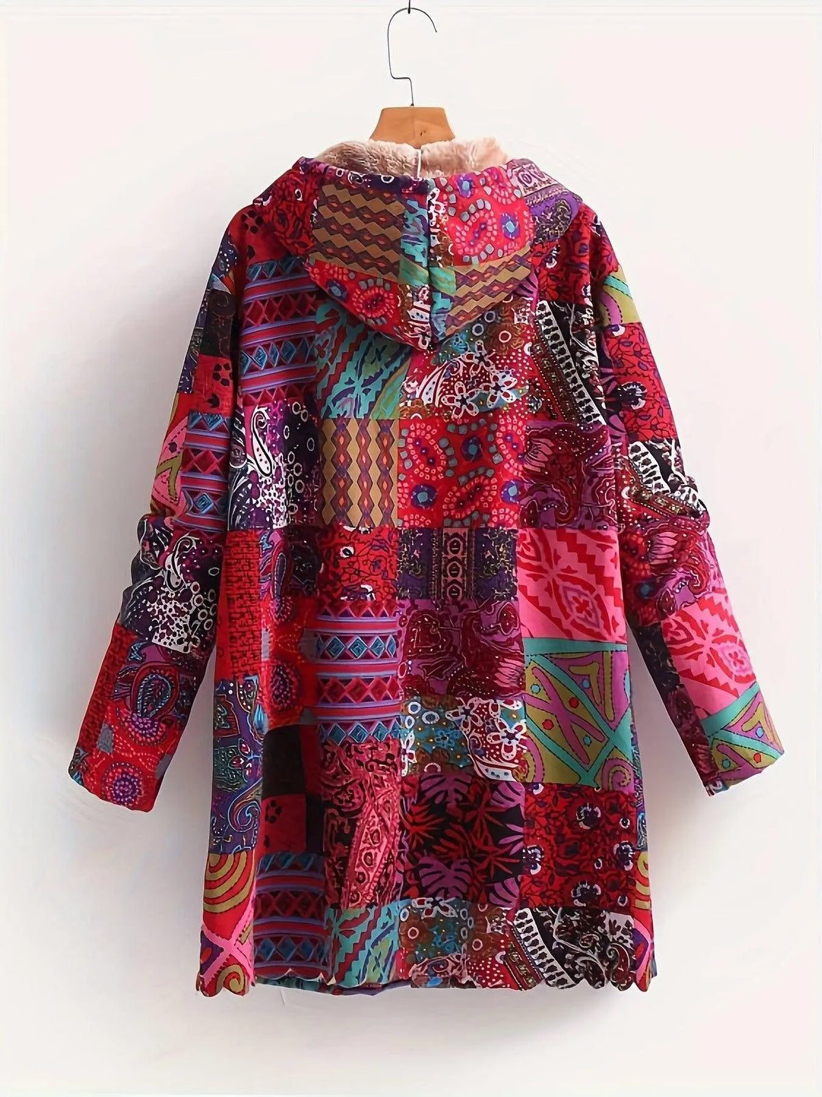 Plus Size Boho Coat, Women's Plus Patchwork Print Liner Fleece Long Sleeve Button Up Hooded Tunic Coat With Pockets SS69