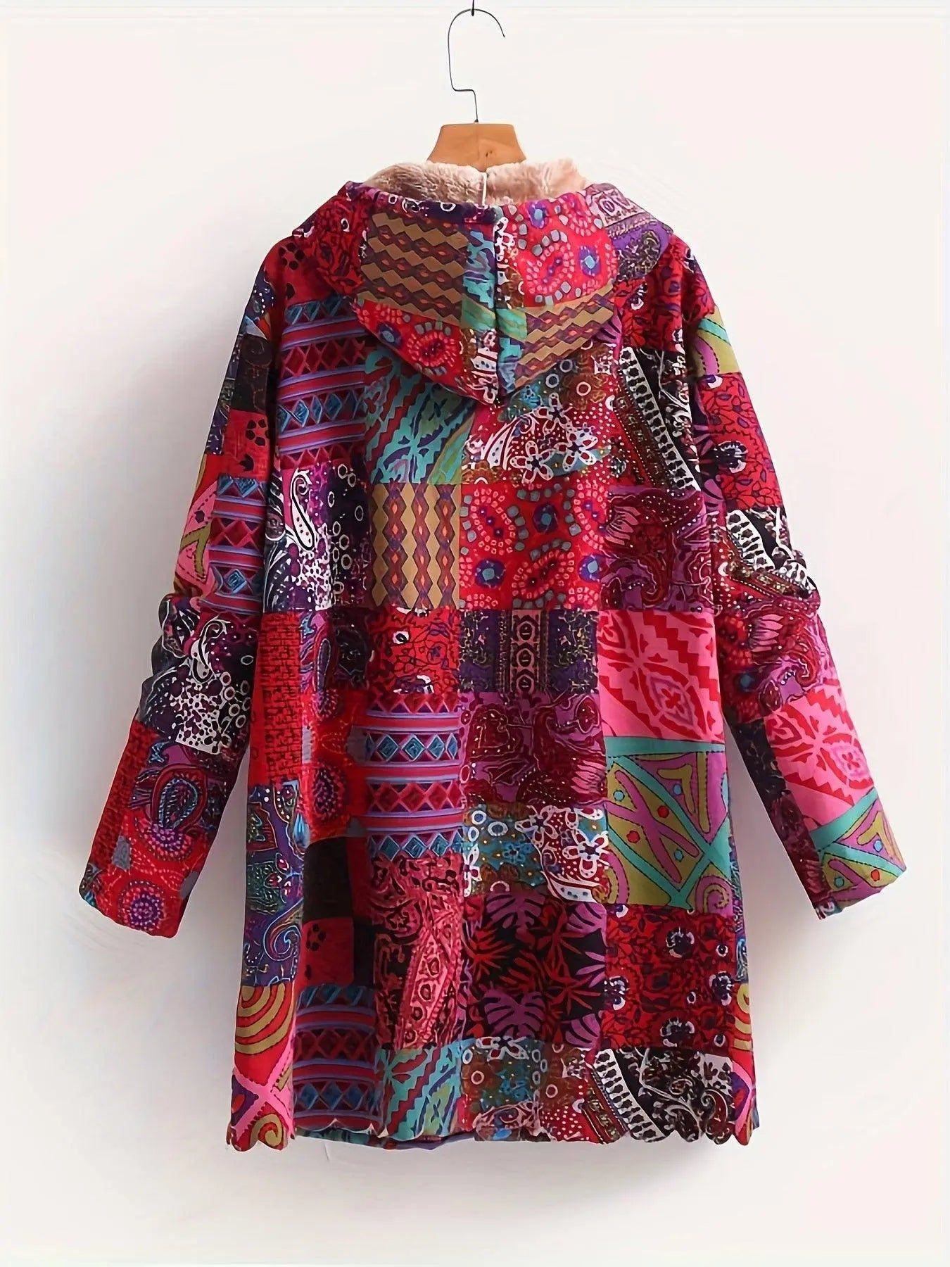 Plus Size Boho Coat, Women's Plus Patchwork Print Liner Fleece Long Sleeve Button Up Hooded Tunic Coat With Pockets SS69