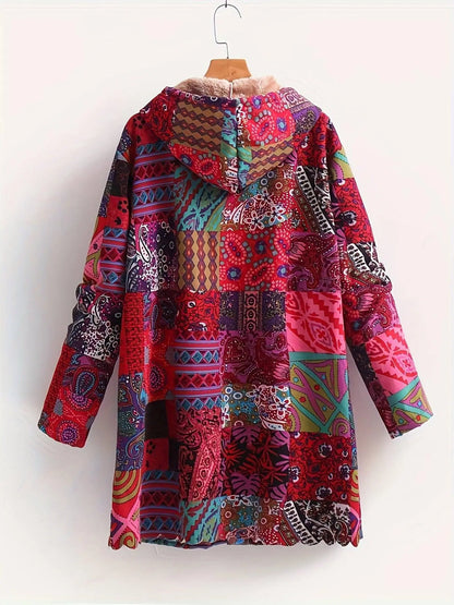 Plus Size Boho Coat, Women's Plus Patchwork Print Liner Fleece Long Sleeve Button Up Hooded Tunic Coat With Pockets SS69