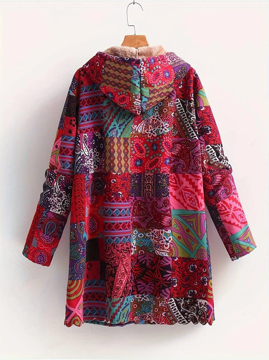 Plus Size Boho Coat, Women's Plus Patchwork Print Liner Fleece Long Sleeve Button Up Hooded Tunic Coat With Pockets SS69