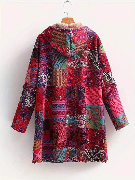 Plus Size Boho Coat, Women's Plus Patchwork Print Liner Fleece Long Sleeve Button Up Hooded Tunic Coat With Pockets SS69