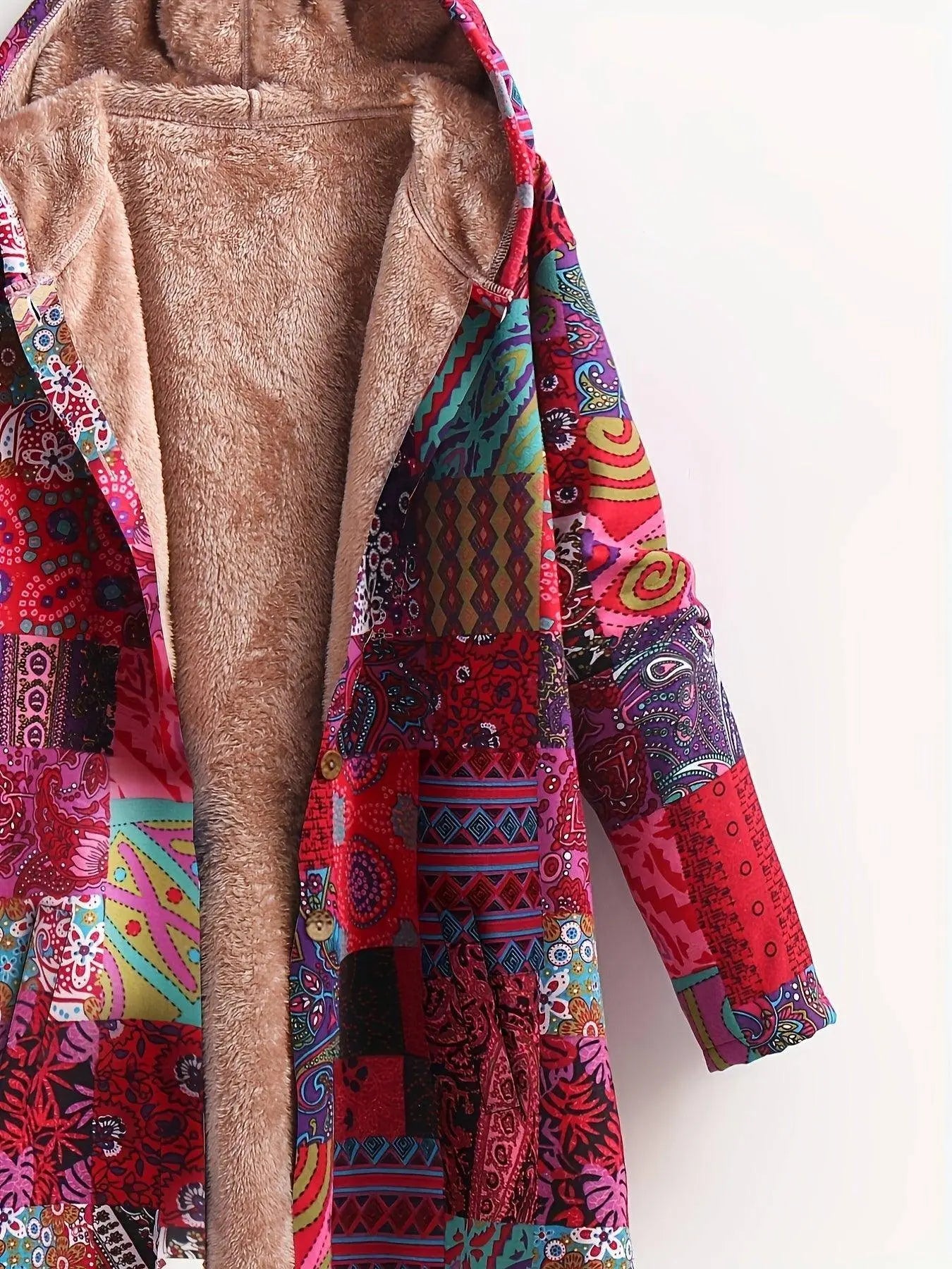 Plus Size Boho Coat, Women's Plus Patchwork Print Liner Fleece Long Sleeve Button Up Hooded Tunic Coat With Pockets SS69