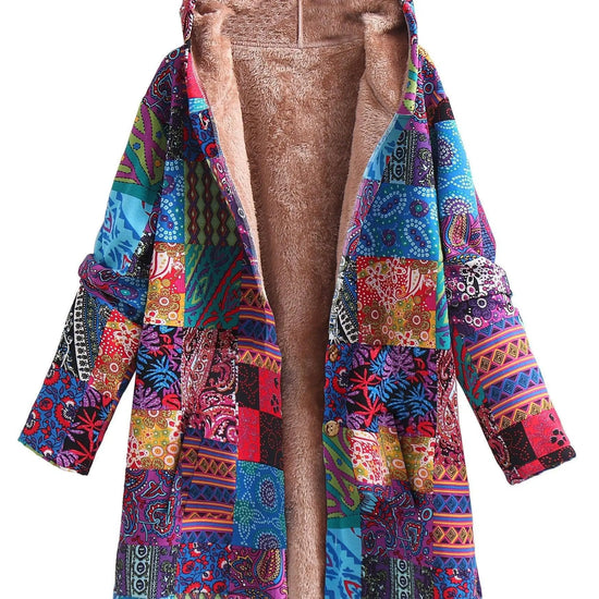 Plus Size Boho Coat, Women's Plus Patchwork Print Liner Fleece Long Sleeve Button Up Hooded Tunic Coat With Pockets SS69 38.69 Vibrant Blue / 4XL(60)