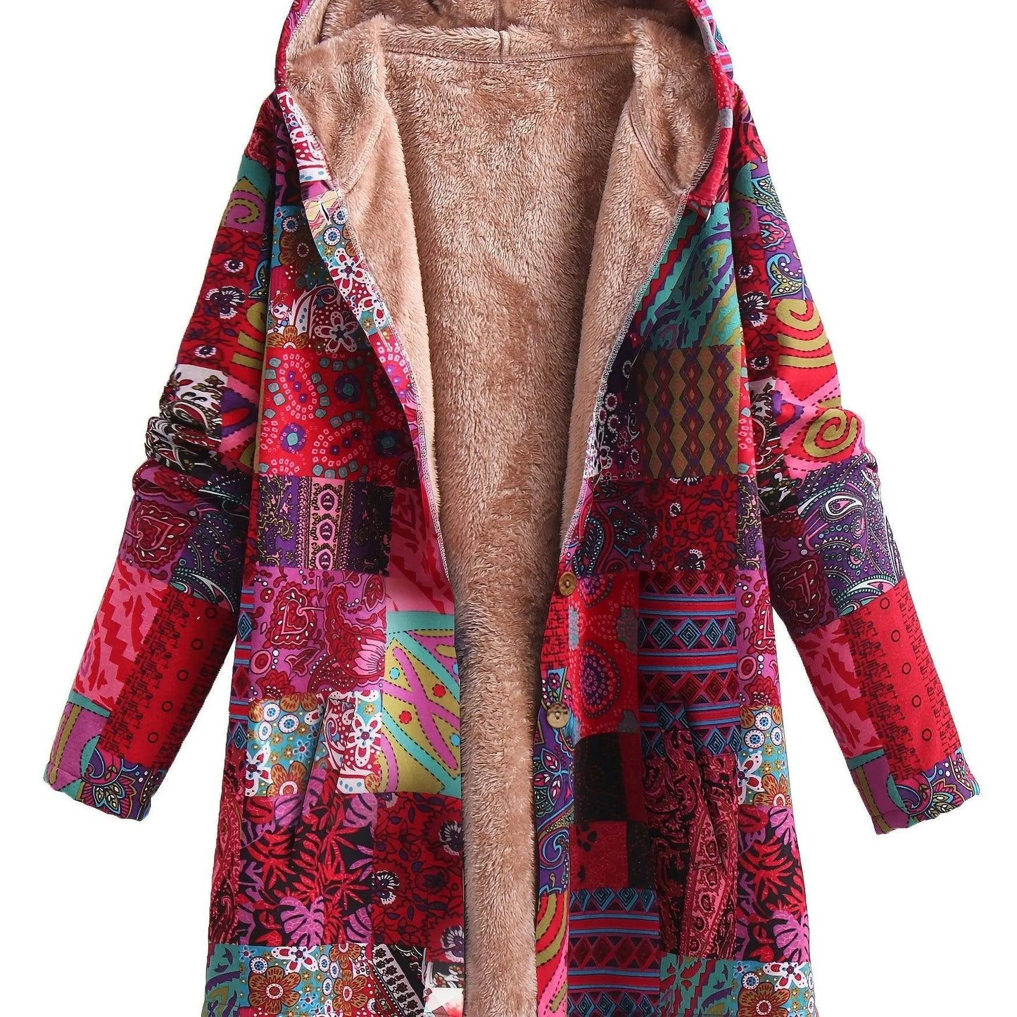 Plus Size Boho Coat, Women's Plus Patchwork Print Liner Fleece Long Sleeve Button Up Hooded Tunic Coat With Pockets SS69 35.69 【Red】 / 4XL(60)