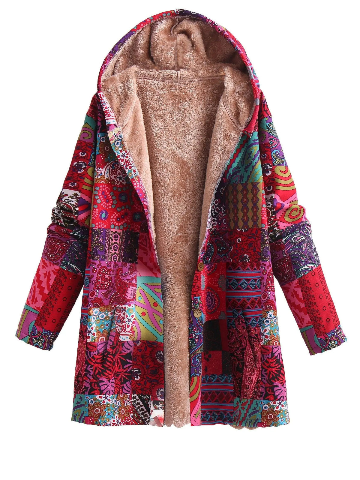 Plus Size Boho Coat, Women's Plus Patchwork Print Liner Fleece Long Sleeve Button Up Hooded Tunic Coat With Pockets SS69