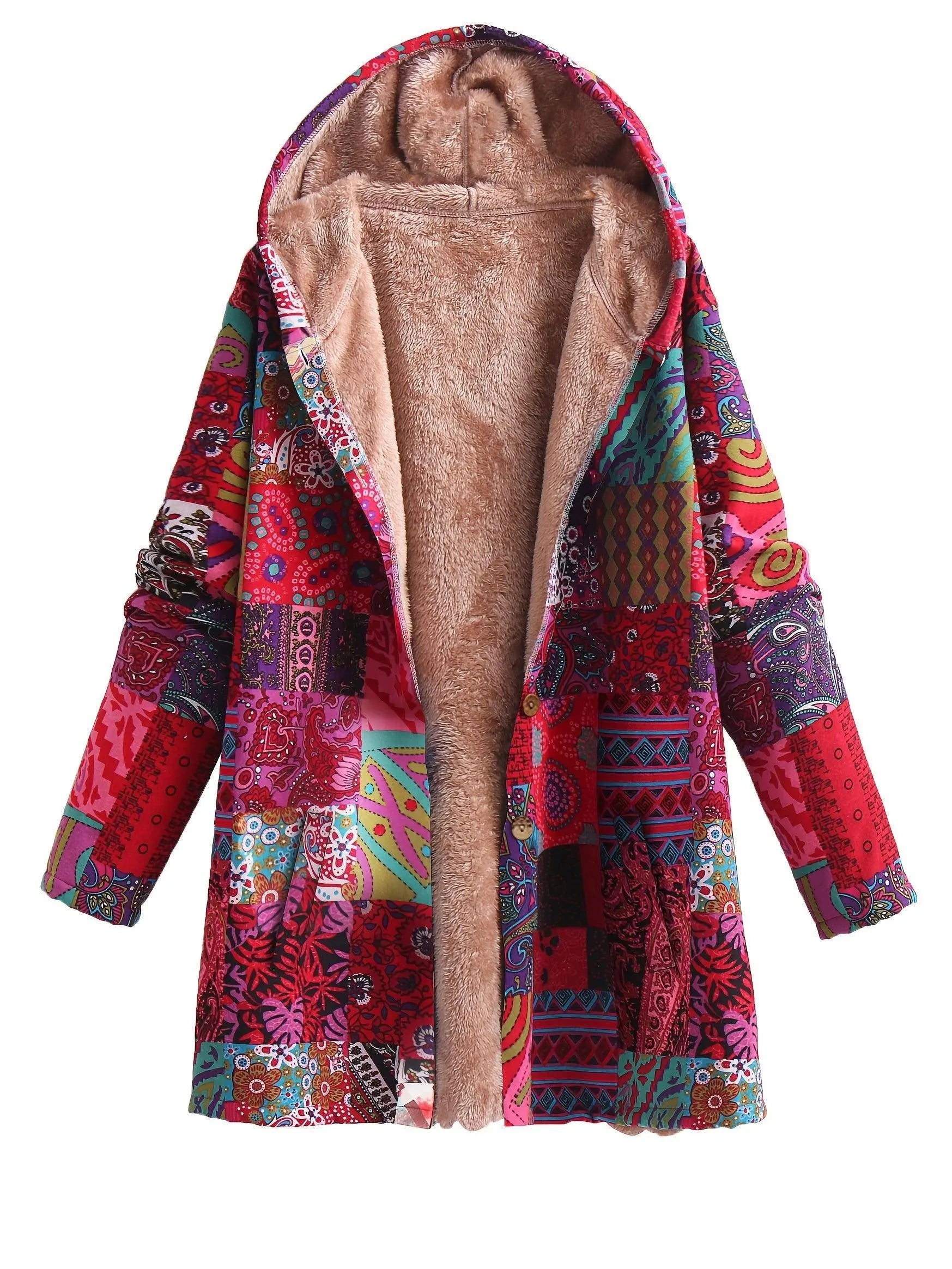Plus Size Boho Coat, Women's Plus Patchwork Print Liner Fleece Long Sleeve Button Up Hooded Tunic Coat With Pockets SS69