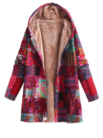 Plus Size Boho Coat, Women's Plus Patchwork Print Liner Fleece Long Sleeve Button Up Hooded Tunic Coat With Pockets SS69