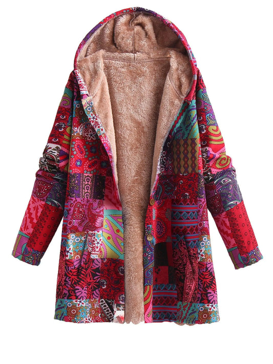 Plus Size Boho Coat, Women's Plus Patchwork Print Liner Fleece Long Sleeve Button Up Hooded Tunic Coat With Pockets SS69
