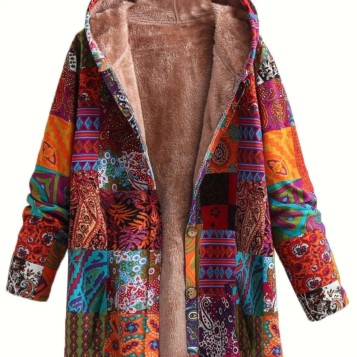 Plus Size Boho Coat, Women's Plus Patchwork Print Liner Fleece Long Sleeve Button Up Hooded Tunic Coat With Pockets SS69 37.69 ginger-colored / 4XL(60)