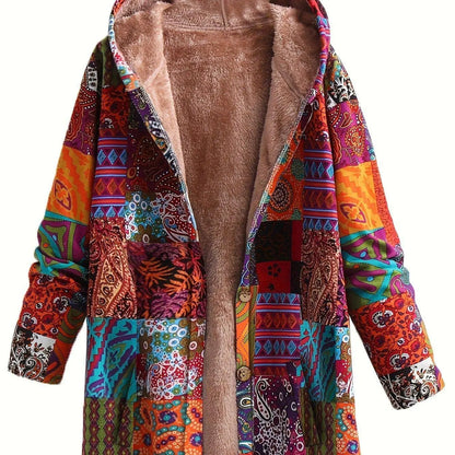 Plus Size Boho Coat, Women's Plus Patchwork Print Liner Fleece Long Sleeve Button Up Hooded Tunic Coat With Pockets SS69 37.69 ginger-colored / 4XL(60)