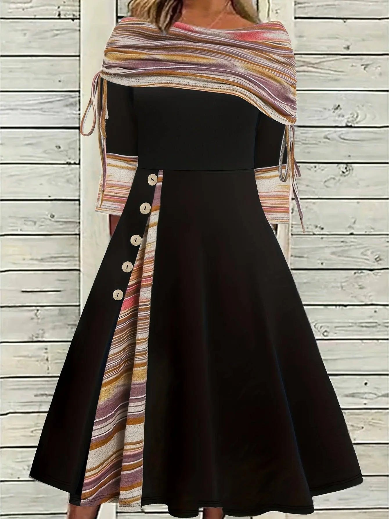 Plus Size Colorblock Stripe Print Drawstring Dress, Casual Off Shoulder Long Sleeve Dress, Women's Plus Size Clothing SS69