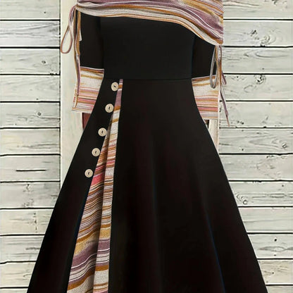 Plus Size Colorblock Stripe Print Drawstring Dress, Casual Off Shoulder Long Sleeve Dress, Women's Plus Size Clothing SS69 28.69 Black / 5XL