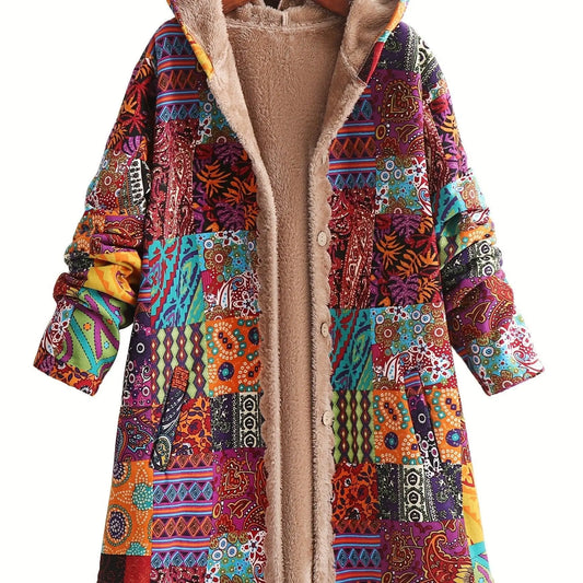 Plus Size Floral Pattern Coat, Casual Long Sleeve Fuzzy Hooded Coat For Fall & Winter, Women's Plus Size Clothing - SS69