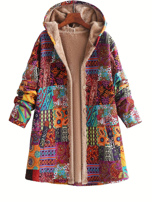 Plus Size Floral Pattern Coat, Casual Long Sleeve Fuzzy Hooded Coat For Fall & Winter, Women's Plus Size Clothing SS69