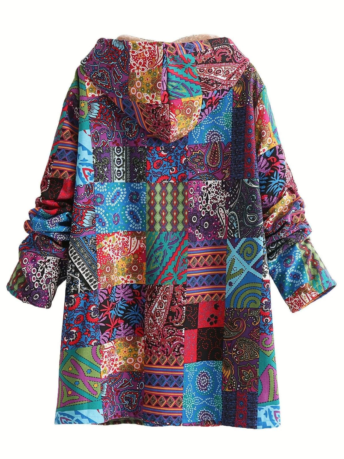 Plus Size Floral Pattern Coat, Casual Long Sleeve Fuzzy Hooded Coat For Fall & Winter, Women's Plus Size Clothing SS69
