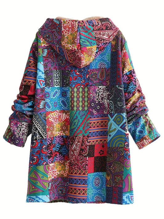 Plus Size Floral Pattern Coat, Casual Long Sleeve Fuzzy Hooded Coat For Fall & Winter, Women's Plus Size Clothing SS69