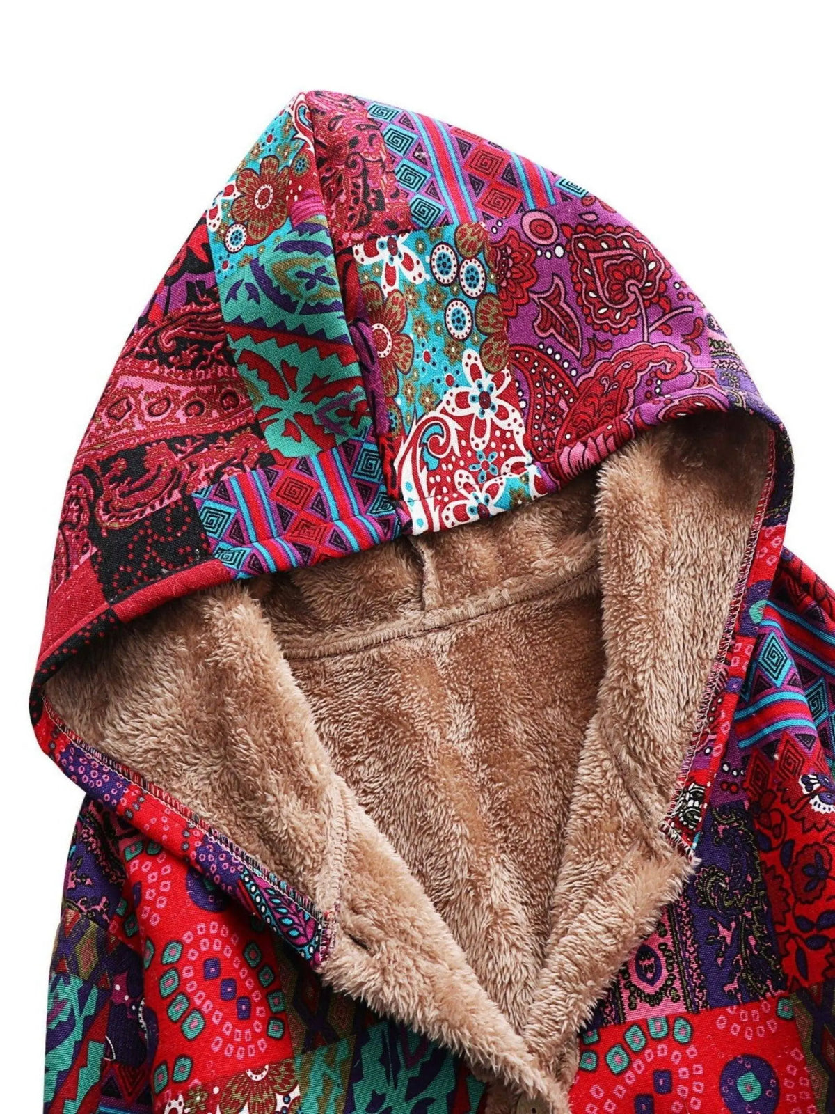 Plus Size Floral Pattern Coat, Casual Long Sleeve Fuzzy Hooded Coat For Fall & Winter, Women's Plus Size Clothing SS69