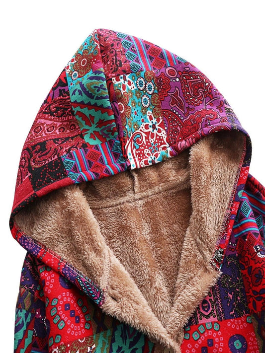 Plus Size Floral Pattern Coat, Casual Long Sleeve Fuzzy Hooded Coat For Fall & Winter, Women's Plus Size Clothing SS69