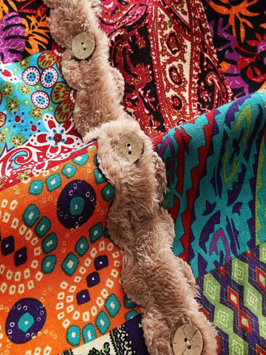 Plus Size Floral Pattern Coat, Casual Long Sleeve Fuzzy Hooded Coat For Fall & Winter, Women's Plus Size Clothing SS69