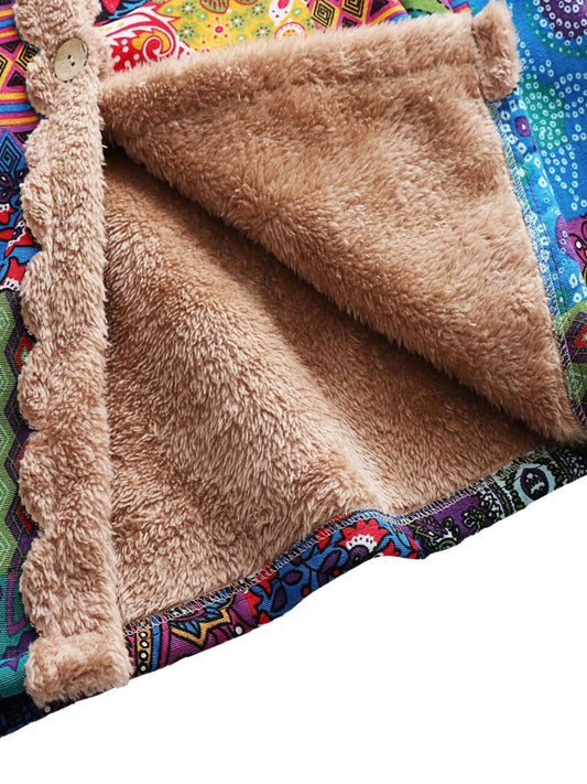 Plus Size Floral Pattern Coat, Casual Long Sleeve Fuzzy Hooded Coat For Fall & Winter, Women's Plus Size Clothing SS69