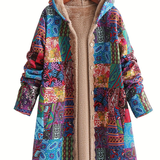 Plus Size Floral Pattern Coat, Casual Long Sleeve Fuzzy Hooded Coat For Fall & Winter, Women's Plus Size Clothing SS69 35.69 Vibrant Blue / 4XL(60)
