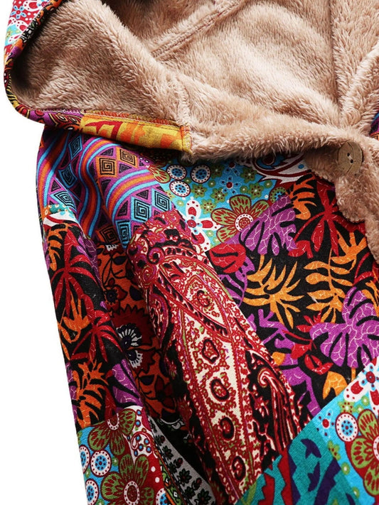 Plus Size Floral Pattern Coat, Casual Long Sleeve Fuzzy Hooded Coat For Fall & Winter, Women's Plus Size Clothing SS69