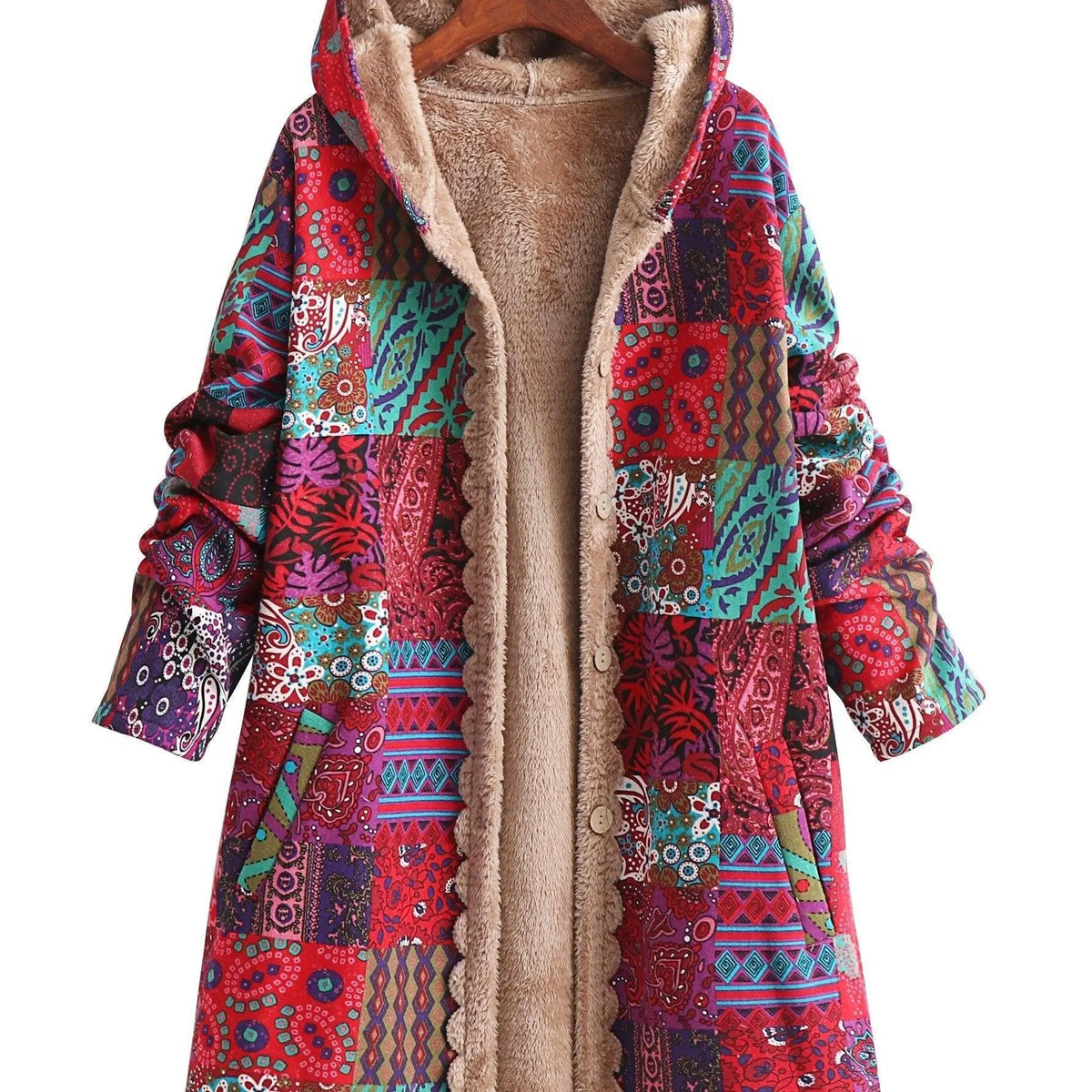 Plus Size Floral Pattern Coat, Casual Long Sleeve Fuzzy Hooded Coat For Fall & Winter, Women's Plus Size Clothing SS69 35.69 【Red】 / 4XL(60)