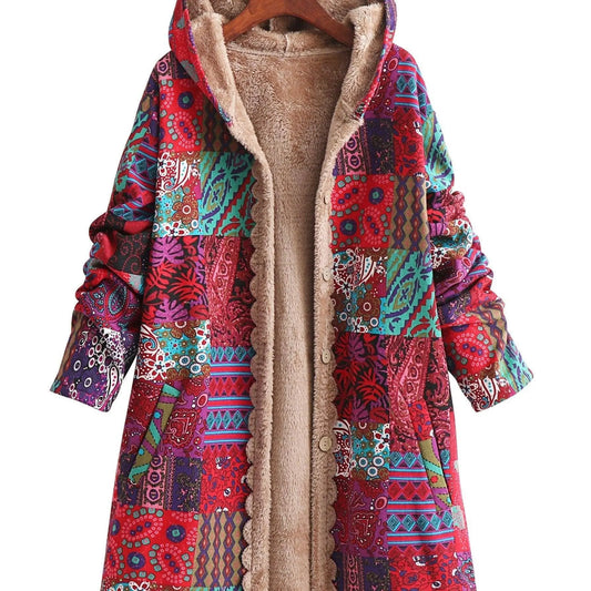 Plus Size Floral Pattern Coat, Casual Long Sleeve Fuzzy Hooded Coat For Fall & Winter, Women's Plus Size Clothing SS69 35.69 【Red】 / 4XL(60)