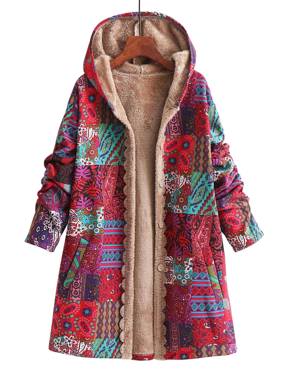Plus Size Floral Pattern Coat, Casual Long Sleeve Fuzzy Hooded Coat For Fall & Winter, Women's Plus Size Clothing SS69