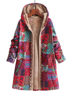 Plus Size Floral Pattern Coat, Casual Long Sleeve Fuzzy Hooded Coat For Fall & Winter, Women's Plus Size Clothing SS69
