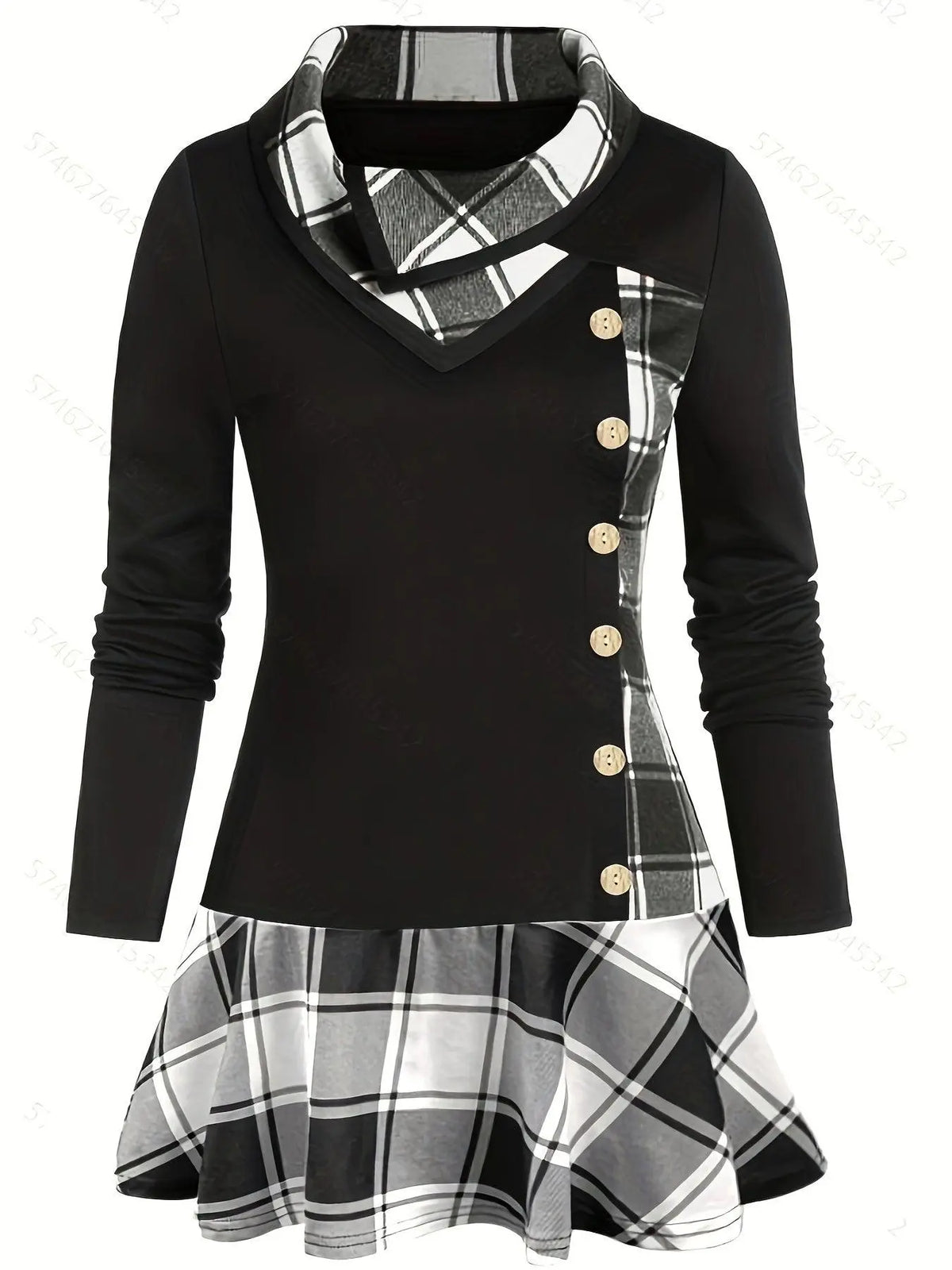 Plus Size Overlapping Lapel Long Sleeve Single Breasted Plaid Patchwork Tops, Women's Plus Medium Stretch Casual Tops.
