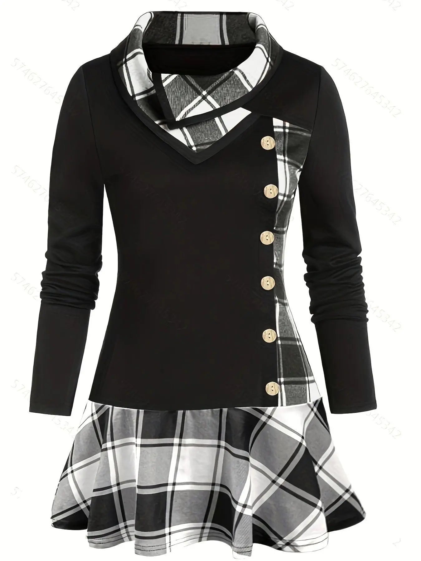 Plus Size Overlapping Lapel Long Sleeve Single Breasted Plaid Patchwork Tops, Women's Plus Medium Stretch Casual Tops.