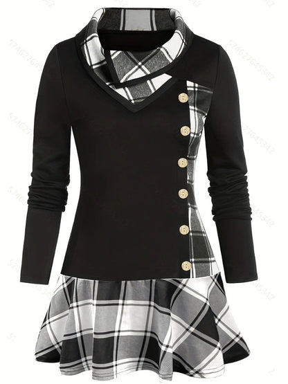 Plus Size Overlapping Lapel Long Sleeve Single Breasted Plaid Patchwork Tops, Women's Plus Medium Stretch Casual Tops.