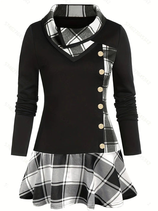 Plus Size Overlapping Lapel Long Sleeve Single Breasted Plaid Patchwork Tops, Women's Plus Medium Stretch Casual Tops.