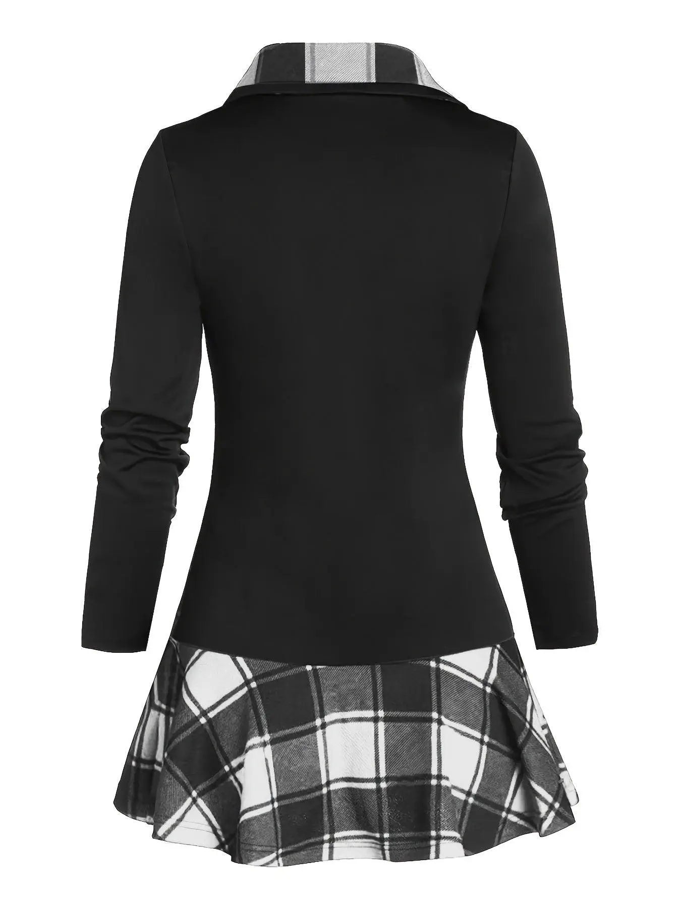 Plus Size Overlapping Lapel Long Sleeve Single Breasted Plaid Patchwork Tops, Women's Plus Medium Stretch Casual Tops.
