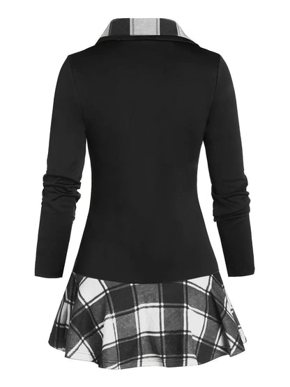 Plus Size Overlapping Lapel Long Sleeve Single Breasted Plaid Patchwork Tops, Women's Plus Medium Stretch Casual Tops.