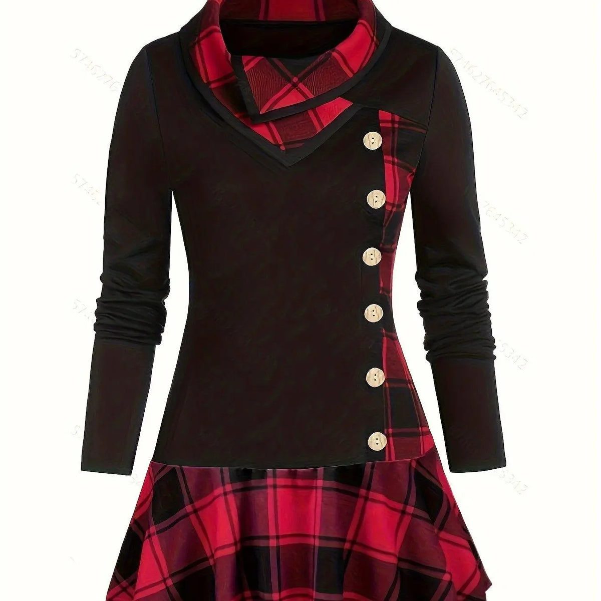 Plus Size Overlapping Lapel Long Sleeve Single Breasted Plaid Patchwork Tops, Women's Plus Medium Stretch Casual Tops.