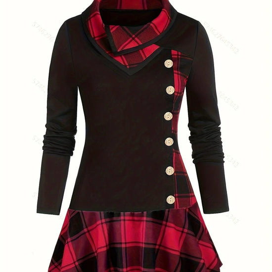 Plus Size Overlapping Lapel Long Sleeve Single Breasted Plaid Patchwork Tops, Women's Plus Medium Stretch Casual Tops.