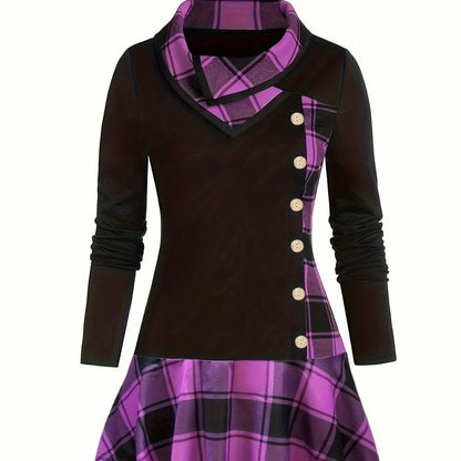 Plus Size Overlapping Lapel Long Sleeve Single Breasted Plaid Patchwork Tops, Women's Plus Medium Stretch Casual Tops.
