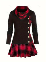 Plus Size Overlapping Lapel Long Sleeve Single Breasted Plaid Patchwork Tops, Women's Plus Medium Stretch Casual Tops SS69