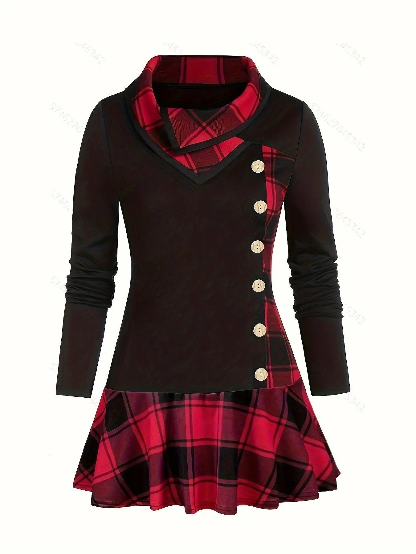 Plus Size Overlapping Lapel Long Sleeve Single Breasted Plaid Patchwork Tops, Women's Plus Medium Stretch Casual Tops SS69