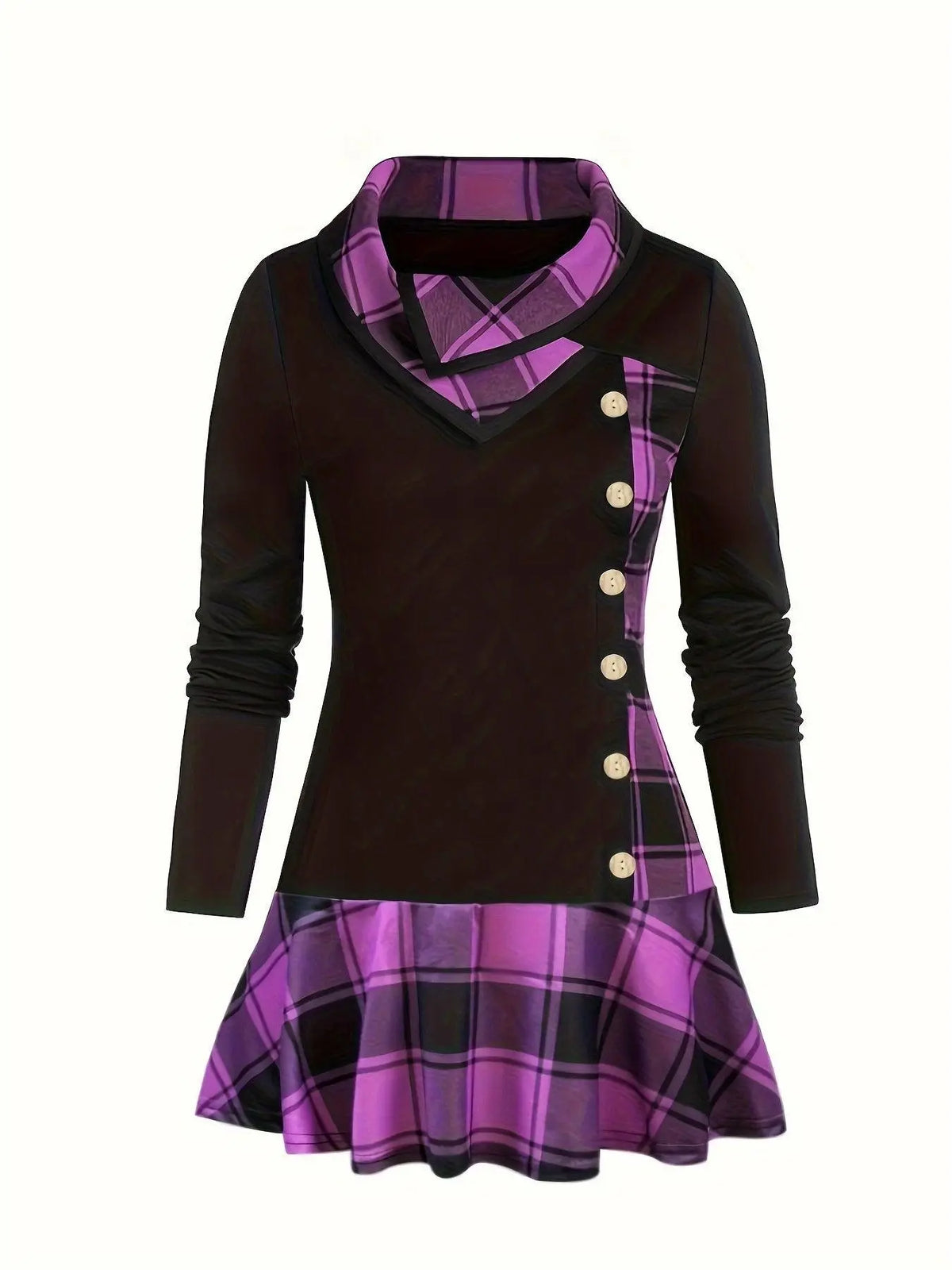 Plus Size Overlapping Lapel Long Sleeve Single Breasted Plaid Patchwork Tops, Women's Plus Medium Stretch Casual Tops SS69