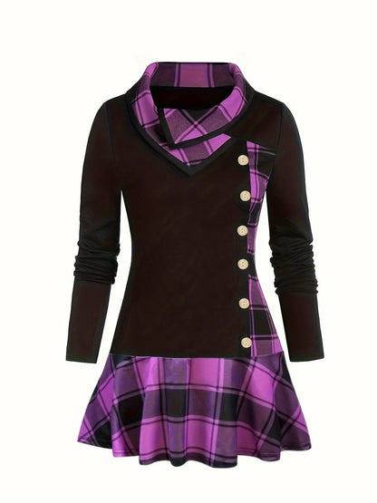 Plus Size Overlapping Lapel Long Sleeve Single Breasted Plaid Patchwork Tops, Women's Plus Medium Stretch Casual Tops SS69