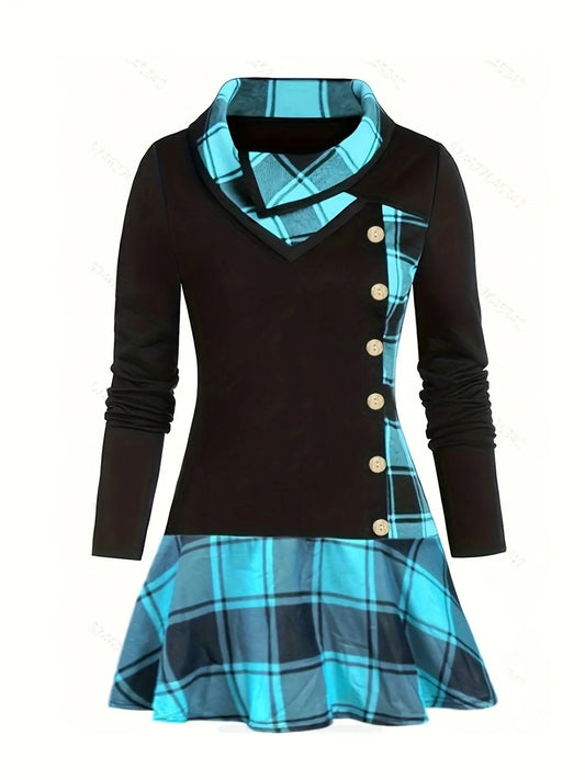 Plus Size Overlapping Lapel Long Sleeve Single Breasted Plaid Patchwork Tops, Women's Plus Medium Stretch Casual Tops SS69