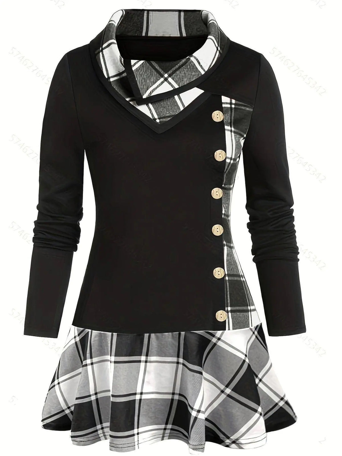 Plus Size Overlapping Lapel Long Sleeve Single Breasted Plaid Patchwork Tops, Women's Plus Medium Stretch Casual Tops SS69