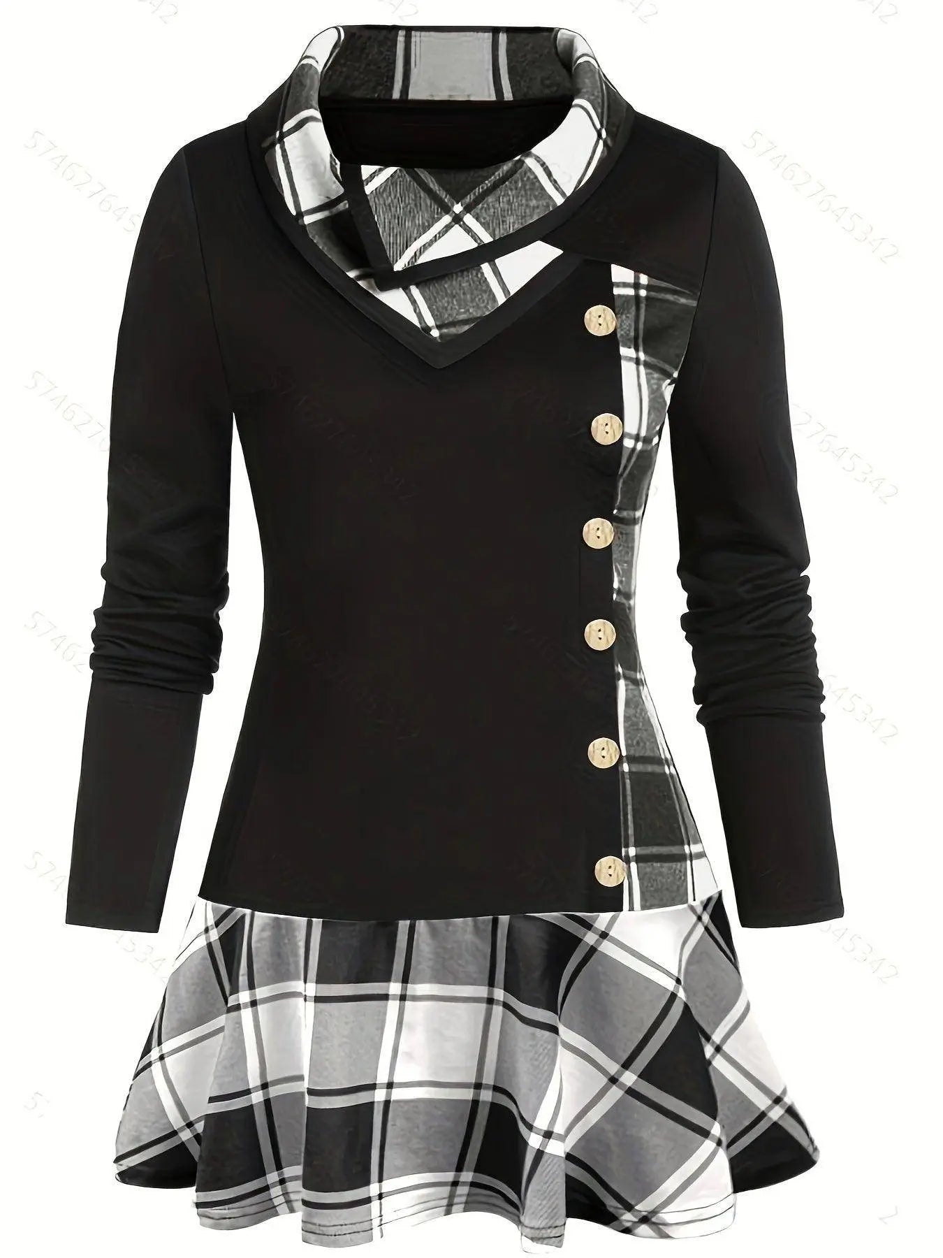 Plus Size Overlapping Lapel Long Sleeve Single Breasted Plaid Patchwork Tops, Women's Plus Medium Stretch Casual Tops SS69