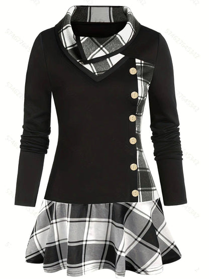 Plus Size Overlapping Lapel Long Sleeve Single Breasted Plaid Patchwork Tops, Women's Plus Medium Stretch Casual Tops SS69